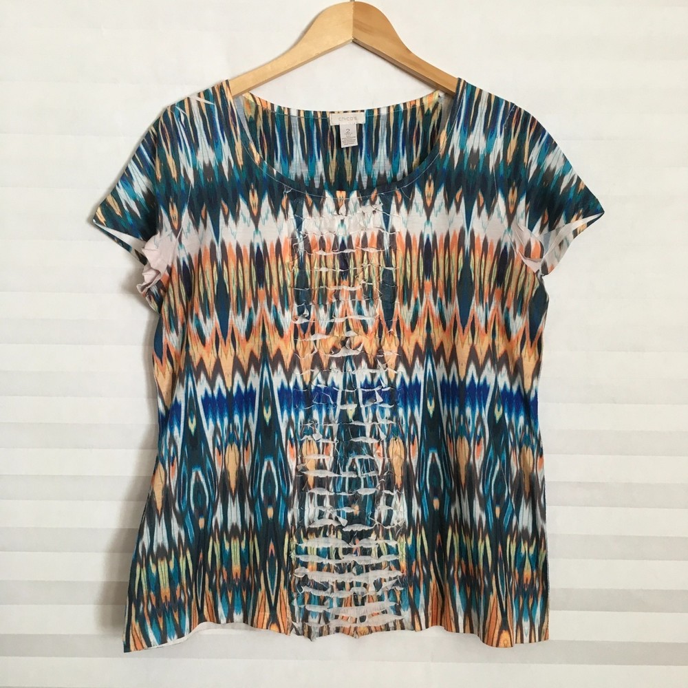 Chico's Womens Blouse Top Size 2 Stretch Short Sleeve Multicolor Ruffle Front‎